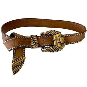 Vintage Al Beres cognac brown leather studded western belt gold buckle